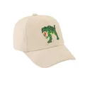 Detalle del bordado de dinosaurio verde en una gorra de algodón beige de calidad - Ajustable (48-54cm) / Blanco Roto