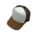 Brown and white faux suede trucker hat with mesh back and minimalist panel design - Plain White