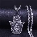 Macro view of Hamsa Hand pendant with Evil Eye detail on silver rope chain necklace - 60CM / Silver
