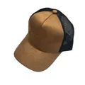 Brown faux suede and black mesh trucker hat with contrast stitching and curved brim - Plain Caramel