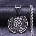 Retro stainless steel pentagram and triple moon leaf pendant necklace on box chain - 50 / Silver