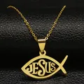 Collar de acero inoxidable dorado con colgante de pez de Jesús sobre cuero negro - 50cm / Dorado