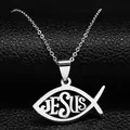 Collar cruz Ichthys de acero inoxidable pulido con texto de Jesús calado elegante - 50cm / Plateado