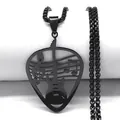 Black stainless steel guitar pick necklace with music note cutout on box chain - Long / Black