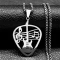 Macro view of guitar pick pendant with hollow music notes on box chain necklace - Long / Silver