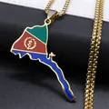 Eritrea map flag pendant necklace in stainless steel with gold link chain - Gold