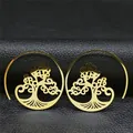 Pendientes de árbol de la vida bohemios de acero inoxidable dorado en cuero negro - Dorado