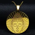 Engraved Buddha head necklace pendant in gold finish on black leather background - 50cm / Gold