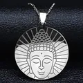 Polished stainless steel Buddhist pendant necklace featuring engraved Buddha on black leather - 50cm / Silver