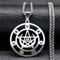 Silver stainless steel pentagram pendant with colorful rhinestones on fox chain - 50cm / Silver