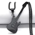 Detail of a black electric guitar pendant with fine textures on a chunky square link chain - 60CM / Black