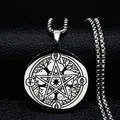 Gepolijst roestvrij staal pentagram levensboom hanger ketting op zwart lederen ondergrond - 50cm / Zilver