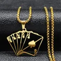 Golden stainless steel royal flush poker necklace with spade pendant on black leather - Gold