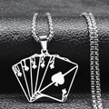 Ace of Spades Royal Flush stainless steel poker pendant necklace on black leather surface - Silver