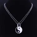 Matching Tai Chi Yin Yang pendant necklaces for couples in polished stainless steel - Long Chain Style / Silver