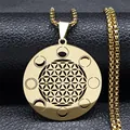 Collier Fleur de Vie doré avec pendentif phases de lune sur cuir noir élégant - Or