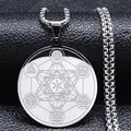 Vintage silver stainless steel round Metatron cube geometric flower of life pendant - 60CM / Silver