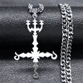 Gothic silver stainless steel trident inverted cross pendant on chunky cuban chain - Silver