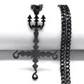 Gothic matte black inverted cross necklace with trident pendant on black cuban chain - Black