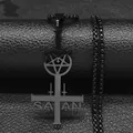 Black stainless steel inverted cross necklace with pentagram, SATAN and 666 engraving - 60CM / Black