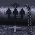 Close-up of black polished trident cross pendant with beaded chain on leather background - 60CM / Black