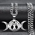 Triple moon Celtic knot necklace in stainless steel with a vintage goddess pendant charm - 50cm / Silver