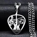 Punk rock guitar pick pendant necklace in stainless steel with musical note design - 50cm / Silver