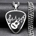 Black stainless steel guitar pick pendant with treble clef and heart rate on cuban chain - 50cm / Silver