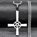 Gothic inverted cross necklace with pentagram in silver finish on a black background - Silver