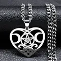 Edelstahl Triple Moon Pentagramm Halskette mit Kristall auf schwarzem Lederhintergrund - 50cm / Silber