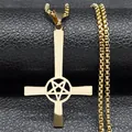 Gold stainless steel inverted cross pendant with pentagram design on box chain - Gold