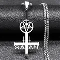 Gothic silver inverted cross necklace with Satan 666 engraving and pentagram detail - 60CM / Silver