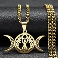 Golden stainless steel necklace featuring a cutout triple moon goddess pendant on a curb chain - 50cm / Gold