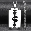 Polished silver stainless steel razor blade pendant with heart cutout on black leather - 50cm / Silver