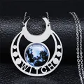 Gothic stainless steel necklace featuring a moon pendant and engraved witch lettering - Silver