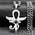 Collier Ankh égyptien en acier argenté avec œil d'Horus ailé et perle rouge - Argent
