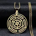 Golden Hecate's Wheel pendant necklace with black enamel detailing on box chain - Sixty Centimeters / Gold