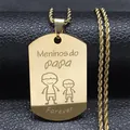 Gold Meninos do Papa engraved military dog tag necklace with two boys and forever text - Gold
