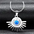 Silver stainless steel Evil Eye necklace with sunburst pendant on black leather background - 40 and 5 / Silver