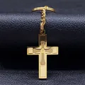 Polished gold stainless steel cross keychain with diagonal texture on black leather - Gold