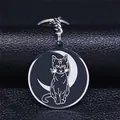 Mystieke maan kat sleutelhanger van roestvrij staal met zwart emaille op leren achtergrond - Zilver/Zwart