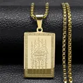 Golden stainless steel rectangle pendant necklace with lotus and folk runes on box chain - 60CM / Gold