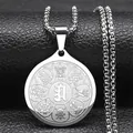 Religious stainless steel necklace with Buddhist eight auspicious symbols on round pendant - Silver