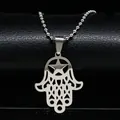 Collier pendentif Main de Fatma argentée et pentagramme avec chaîne à billes en acier - Argent / 60CM
