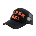 Fashionable black trucker hat featuring orange SUPER OK print and breathable mesh back - Adjustable / Black