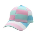 Détail d'une casquette rayée rose et bleue avec coutures renforcées sur la visière - Réglable / Style Macaron Rose Bleu Blanc