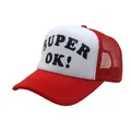 Red and white mesh trucker hat featuring SUPER OK letter print in a classic street style - Adjustable / Red