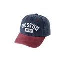 Detail of Boston 1630 embroidery on navy washed denim and red baseball cap brim - Adjustable / BOSTON 1630 Embroidery / Navy/Wine Red