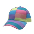 Détail d'une casquette de baseball à rayures arc-en-ciel avec des panneaux pastel variés - Réglable / Style Patchwork Arc-en-ciel Clair