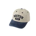 Detail showing contrast stitching and embroidered Boston text on a kids baseball cap - Adjustable / BOSTON 1630 Embroidery / Beige/Deep Blue